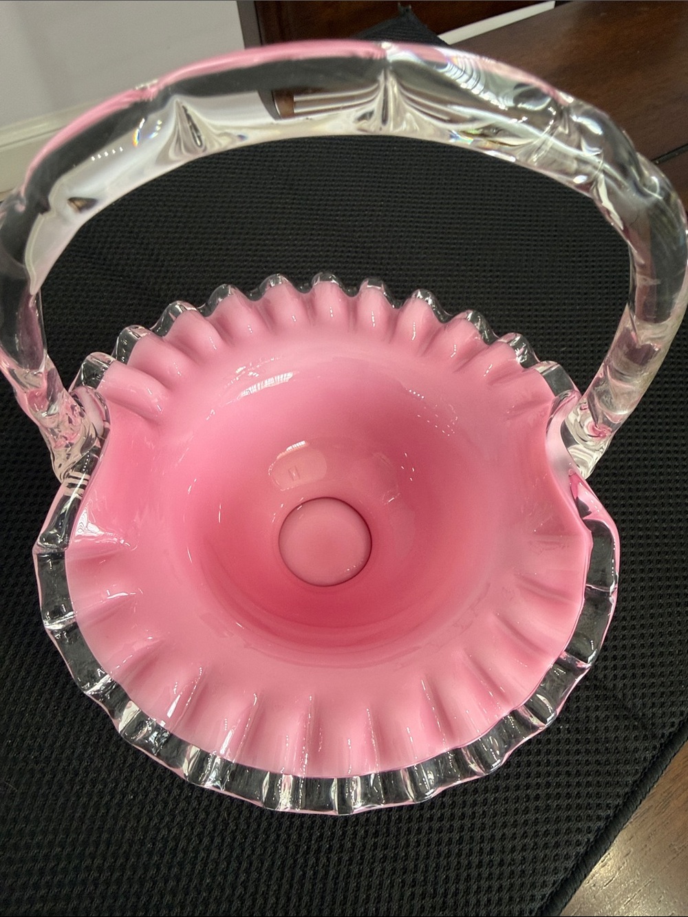 Pink Ruffled Glass Basket with Clear Handle - Picture 6 of 7